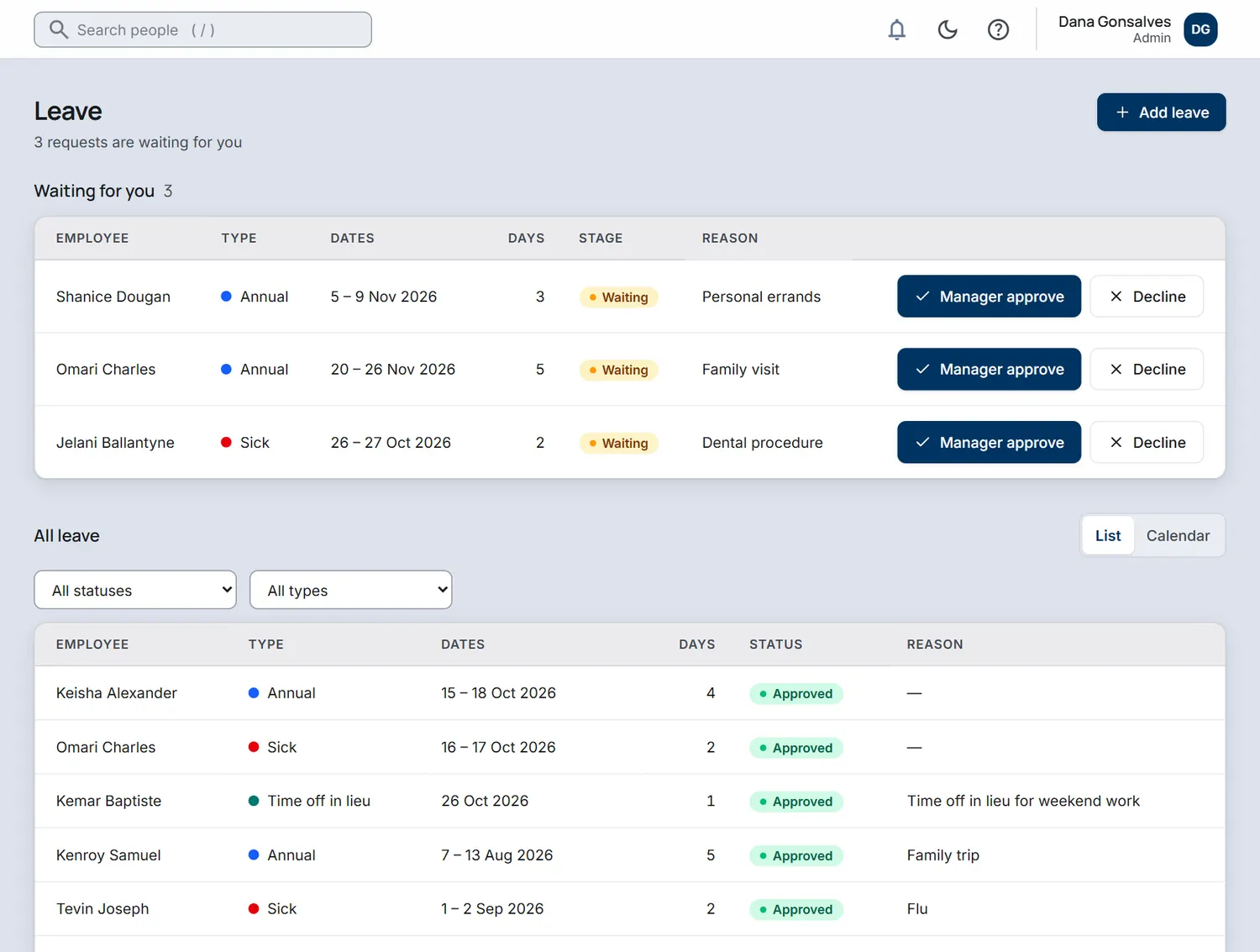 The Leave screen: three requests waiting for approval with Manager approve and Decline buttons, and a list of all leave below.
