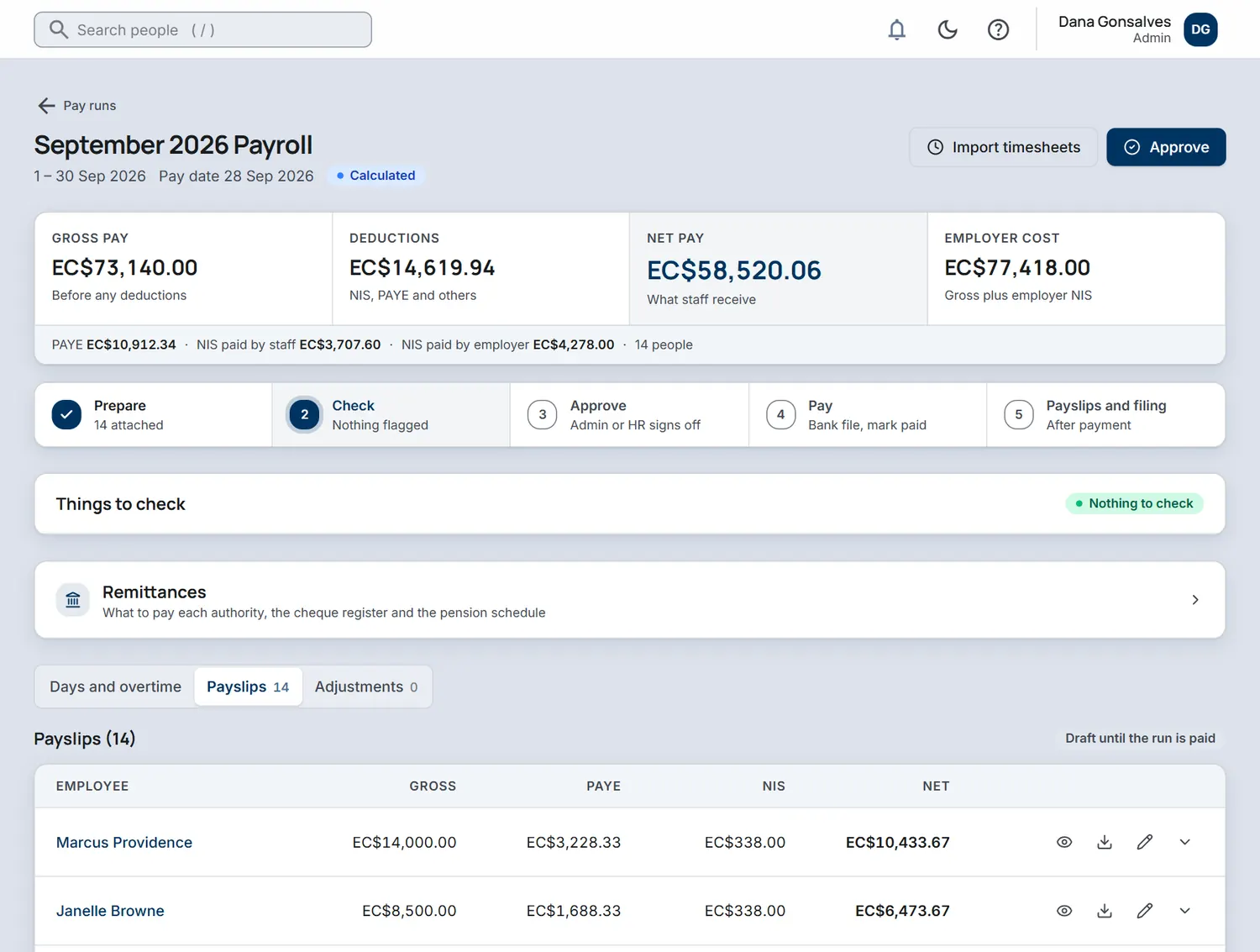 A pay run for September 2026 in the payroll module: gross pay, deductions, net pay and a list of payslips.