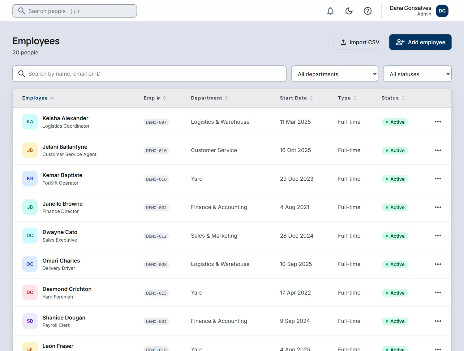 The Employees list: names, job titles, departments, start dates and status for a sample company of 20 people.