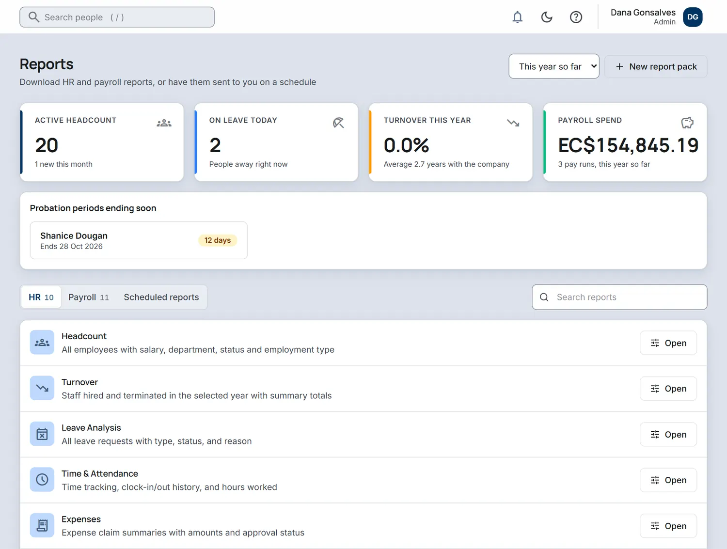 The Reports screen with headcount, people on leave and turnover figures and a list of HR reports.